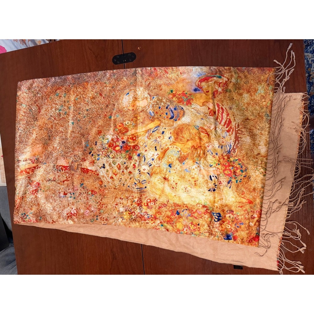 100% Silk Impressionist Art Print Scarf Fringed Shawl Gold Floral Wrap - Picture 2 of 6